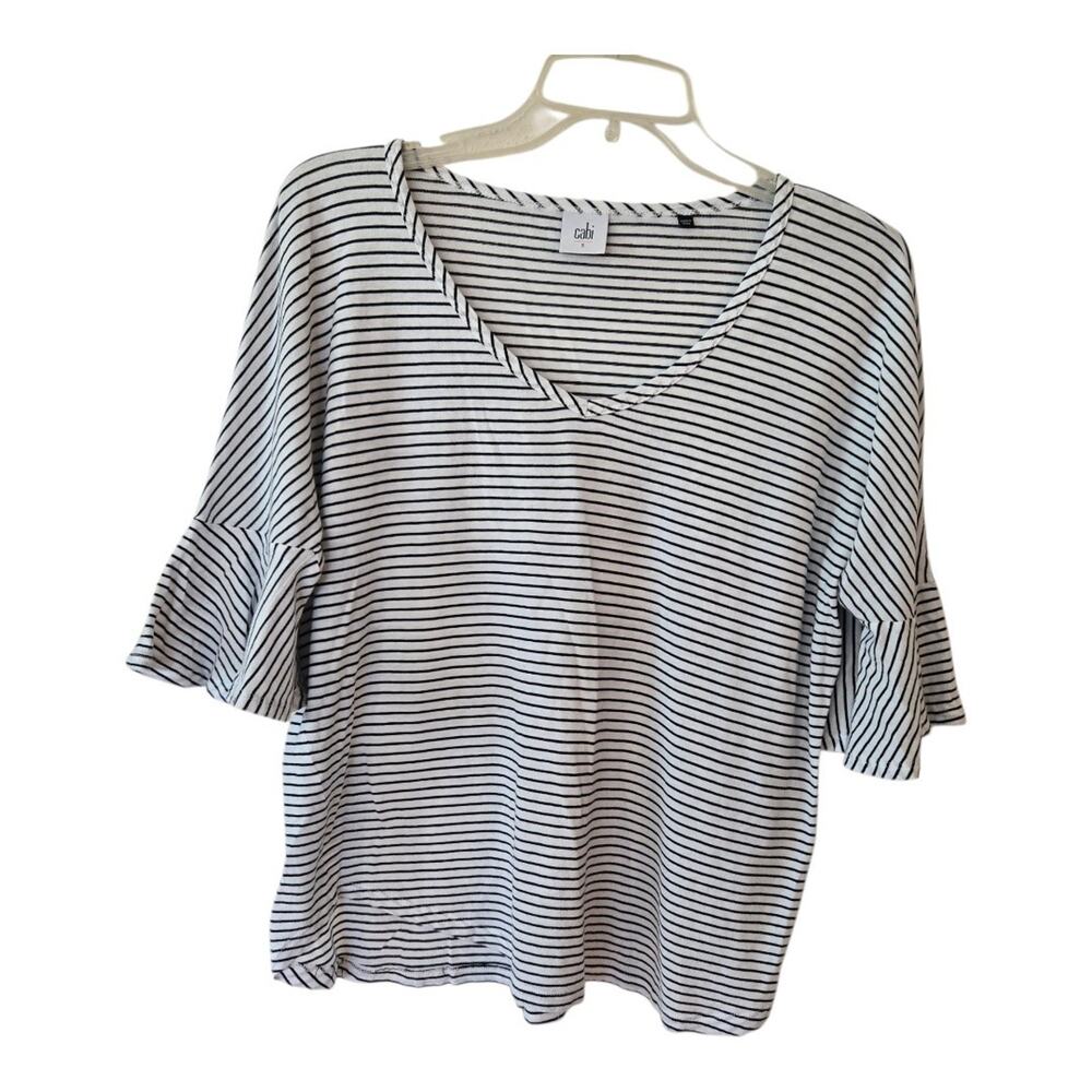 Cabi Short Flutter Sleeve White with Black Stripe Size Small Nautical Casual